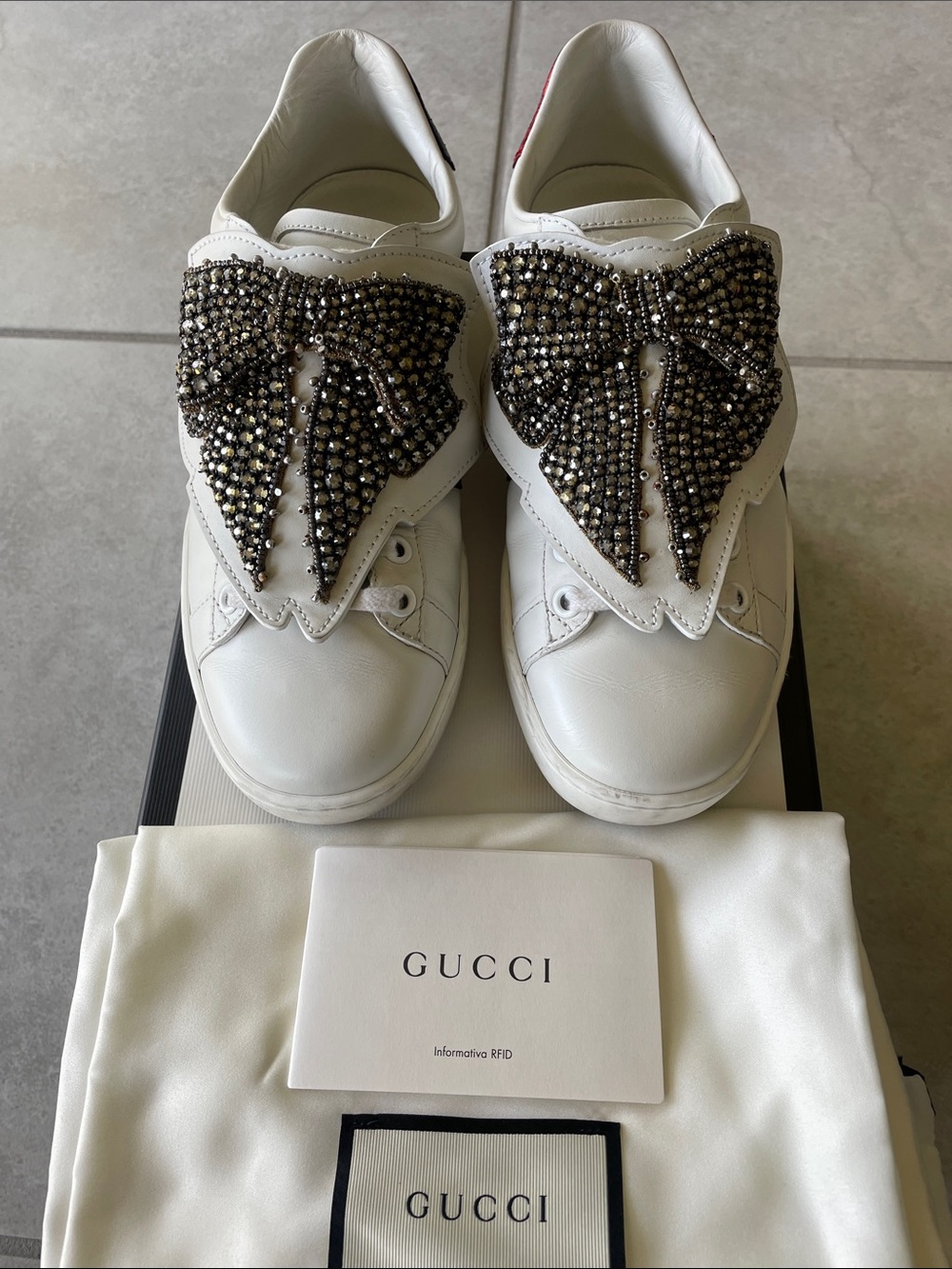 Gucci White Leather Sneakers with Jeweled Bow Appliqués